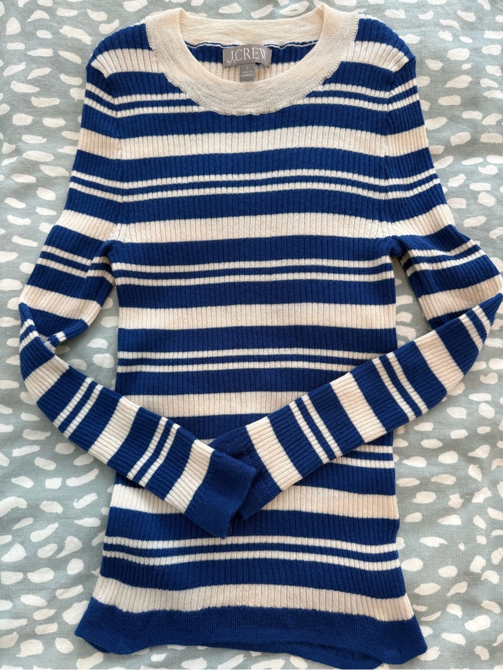 J. Crew Royal Blue and Cream Striped Ribbed Wool Crew Sweater
